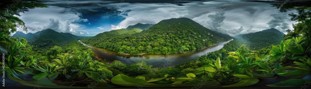 Panoramic view of a lush green rainforest with clouds over mountains and a winding river, showcasing the beauty of nature.