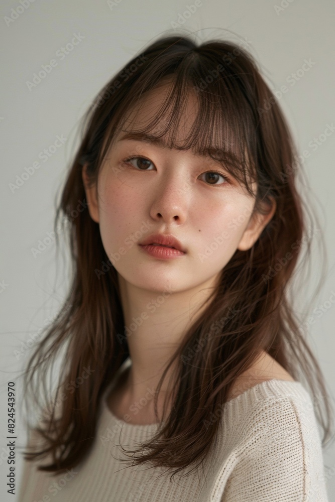 Sweet-Faced Korean Girl with Side-Swept Bangs and Straight Brown Hair
Sweet-Faced Korean Girl with Side-Swept Bangs and Straight Brown Hair