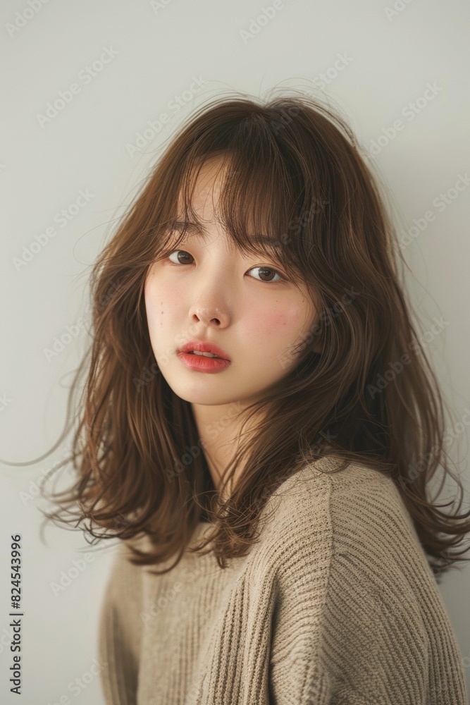 Sweet-Faced Korean Girl with Side-Swept Bangs and Straight Brown Hair

