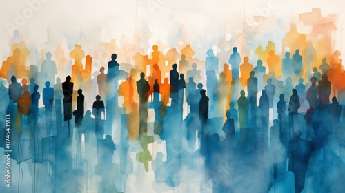 Diversity in Unity - Abstract Watercolor Painting of Multicultural Silhouettes in a Crowd