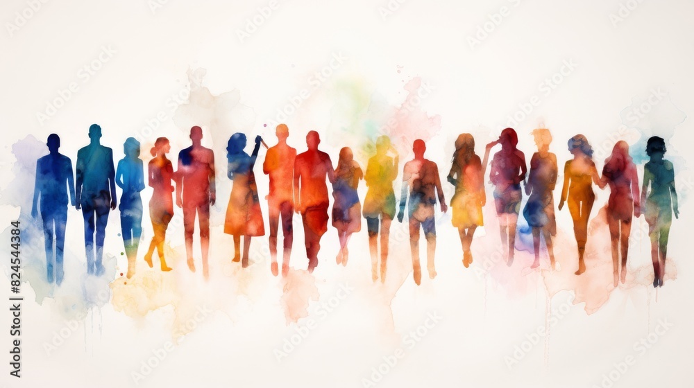 Diverse Unity - Colorful Abstract Watercolor Silhouette of People Holding Hands, Symbolizing Diversity and Togetherness