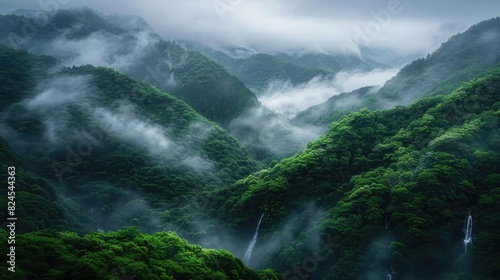 A breathtaking view of misty green mountains and cascading waterfalls enveloped in fog. Captivating nature and serene landscape photography.