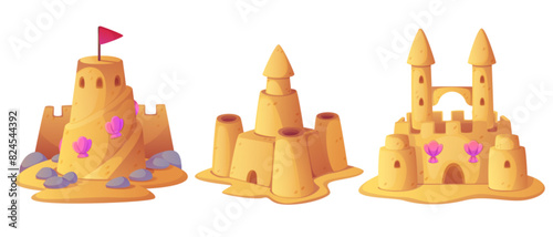 Beach sandcastle toy in summer to play near sea cartoon. Cute sand castle game icon with seashell and rock object. Kid vacation sculpture clipart drawing with red flag. Creative fantasy palace graphic