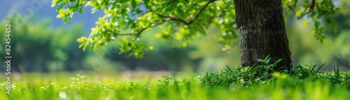 Close-up of a lush green tree trunk in a sunny park with vibrant grass and blurred background, capturing the essence of nature and tranquility.