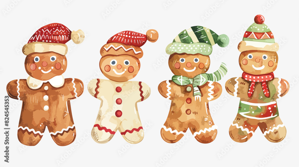 Watercolor Illustration Four of cute Christmas ginger