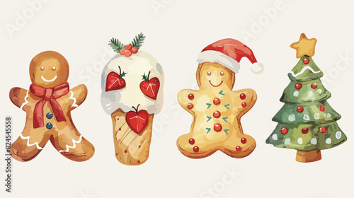 Watercolor Illustration Four of cute Christmas ginger