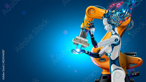 Robot or bot with artificial intelligence or AI takes control of factory into their hands. Robot or cyborg woman with ai controls industrial manufacturing, robotic arm. Industry 4.0 revolution concept