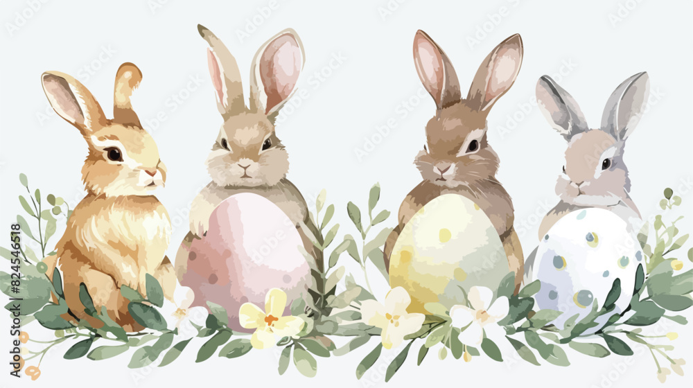 Watercolor illustration Four of Easter Rabbit Egg 