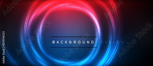 Neon glowing circle rays, light round lines in the dark, planet style neon wave lines. Energetic electric concept design for wallpaper, banner, background