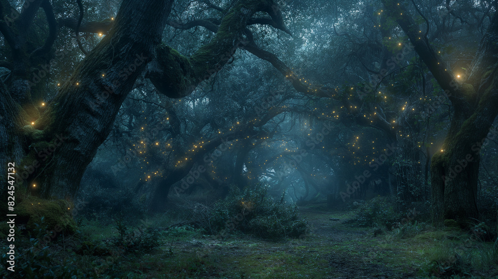 A close up of a forest with many lights on the trees A close up of a forest with many lights on the trees