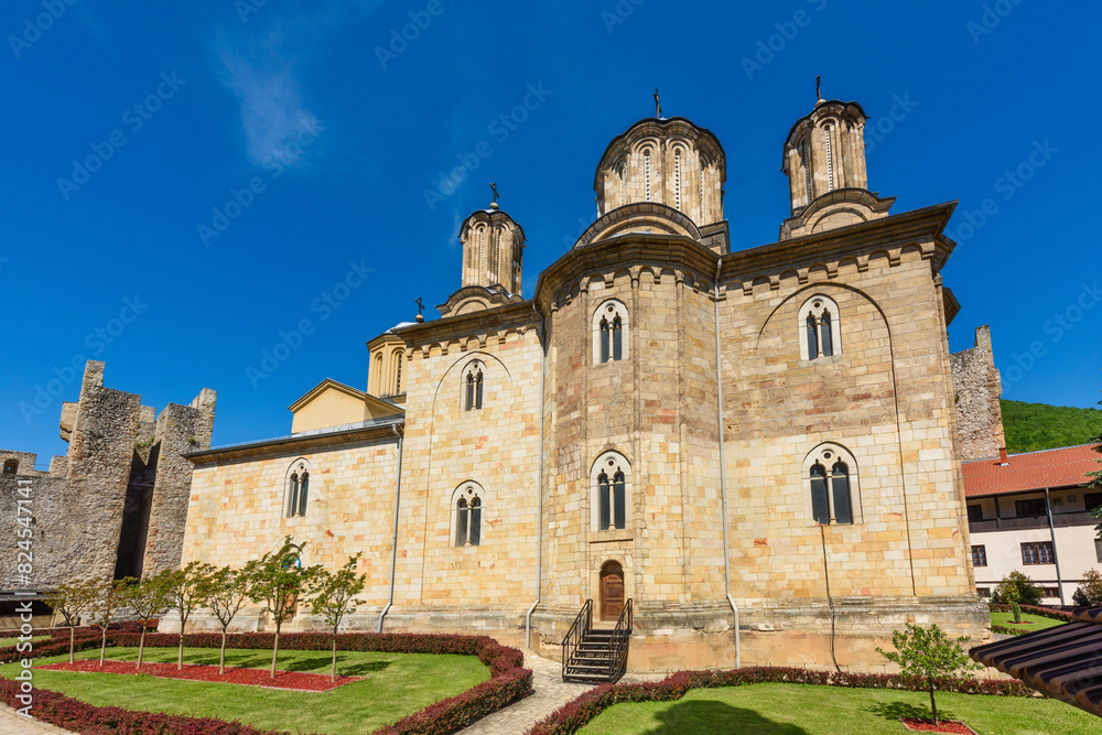 Despotovac, Serbia - May 2, 2024: Medieval buildings at Manasija monastery, Sumadija and Western Serbia. Monastery Manasija near Despotovac in Serbia,built in 15th century. Despotovac, Serbia - May 2, 2024: Medieval buildings at Manasija monastery, Sumadija and Western Serbia. Monastery Manasija near Despotovac in Serbia,built in 15th century.