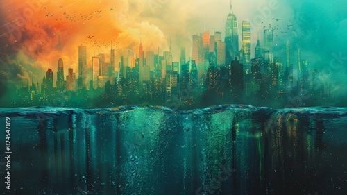 A city skyline at dusk partially submerged in water, creating a surreal and dramatic urban landscape.