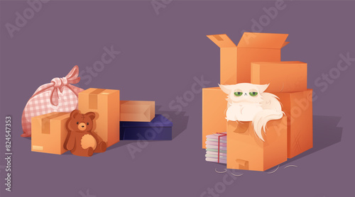Cardboard box piles with house stuff. Brown paper packs in stack with belongings for new home move or storage concept . Cartoon vector illustration set of carton packages with books, bear toy and cat.