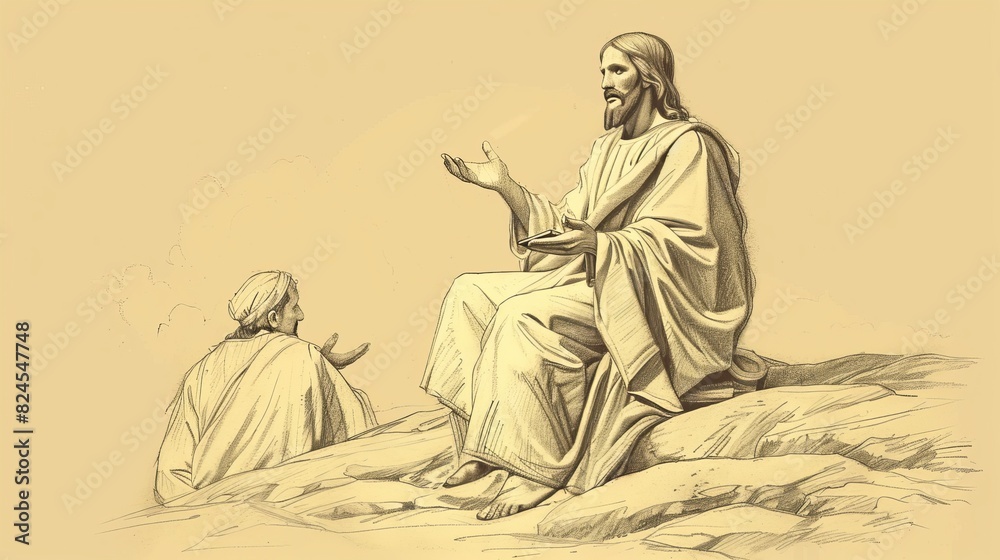 Obraz premium Biblical Illustration of Jesus' Teaching on the Mount of Olives, Ideal for article