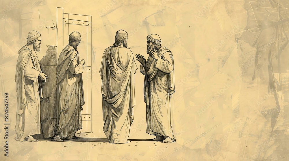 Fototapeta premium Biblical Illustration of Jesus' Teaching on the Narrow Gate, Ideal for article