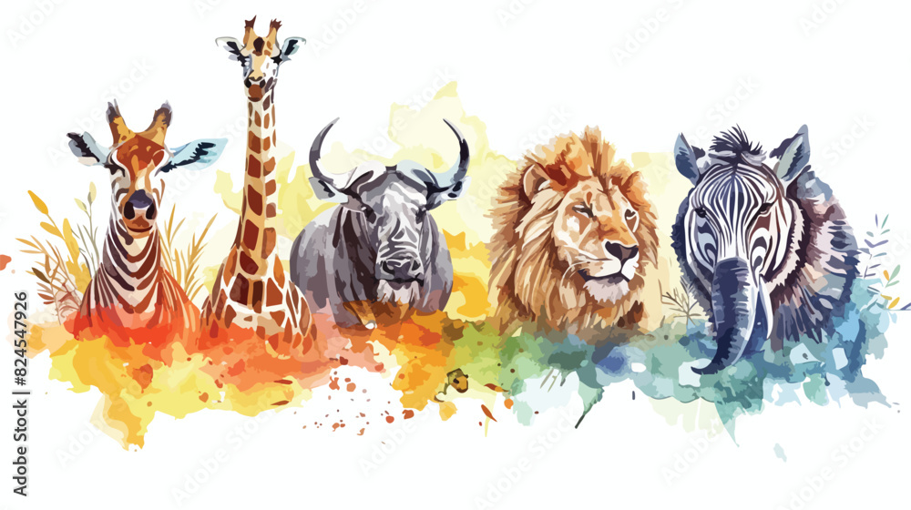 Watercolor Illustration Four of safari animals Vector