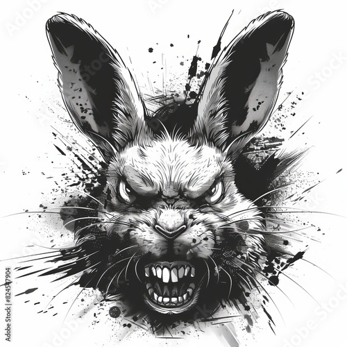 Dynamic black and white illustration of a fierce rabbit with sharp teeth and intense expression, splattered ink background.