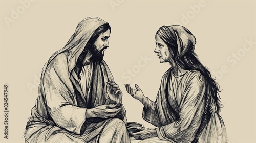 Biblical Illustration of Jesus Visiting Martha and Mary at Home, Ideal for article photo