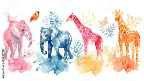 Watercolor Illustration Four of safari animals Vector