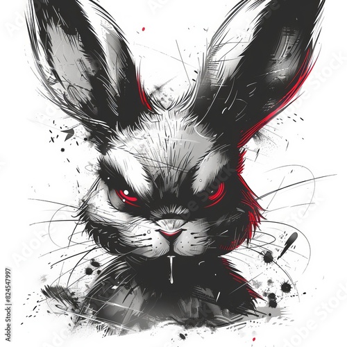 Edgy black and white illustration of an aggressive rabbit with red eyes, perfect for unique artistic and creative projects.