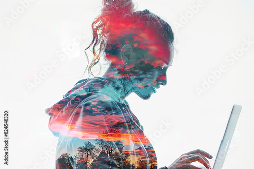 Double exposure of young woman with a laptop computer and nature.