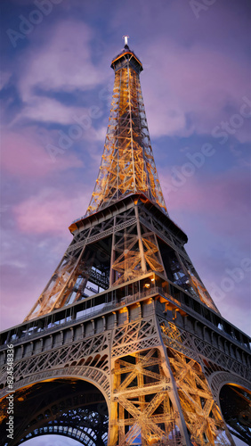 The Eiffel Tower during the golden hour  with warm  soft light casting a romantic glow on the iron latticework.