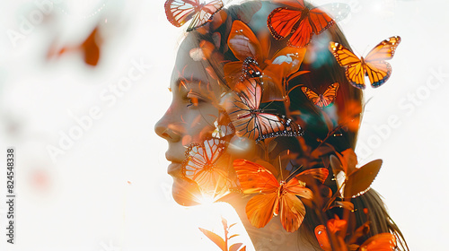 Double exposure of beautiful woman face with butterflies.