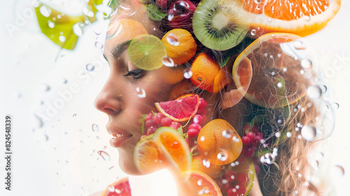 Beautiful young woman with fruits in water drops. Double exposure.