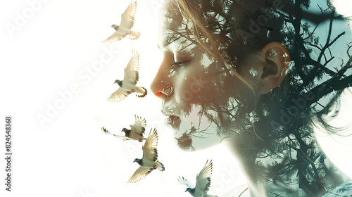 Double exposure portrait of a beautiful woman with doves.
