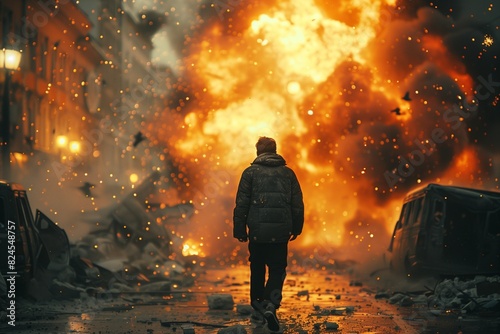 A man on the background of an explosion or a strong fire on a city street.