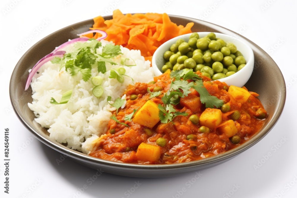 Vibrant Indian curry being ladled onto a plate with fragrant rice. White background. Vibrant Indian curry being ladled onto a plate with fragrant rice. White background.