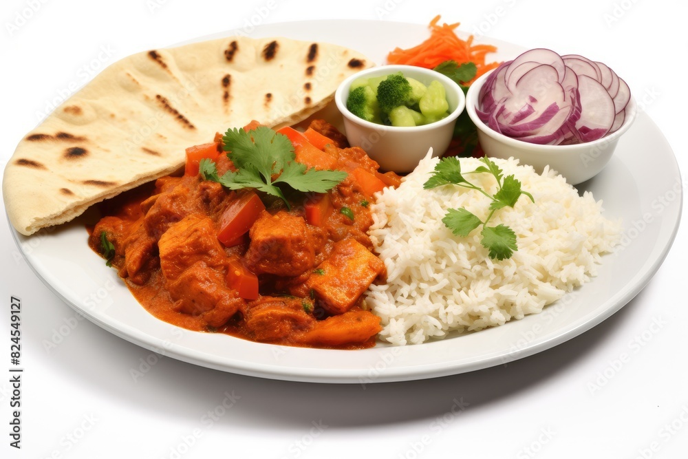 Vibrant Indian curry being ladled onto a plate with fragrant rice. White background. Vibrant Indian curry being ladled onto a plate with fragrant rice. White background.