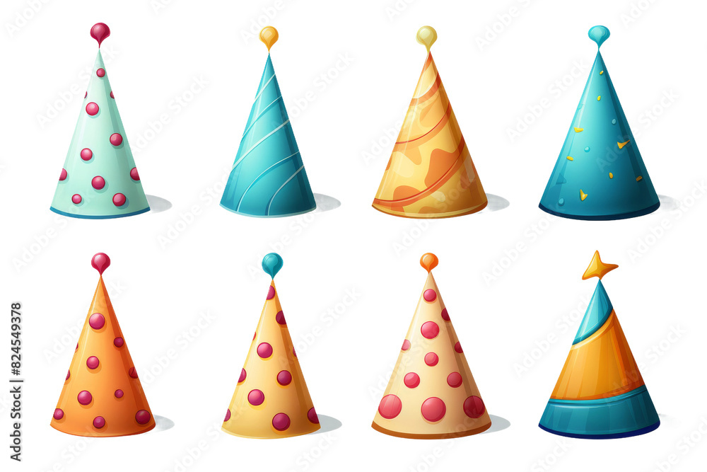 Kaleidoscope Celebration: A Vibrant Array of Party Hats on a White or Clear Surface PNG Transparent Background.