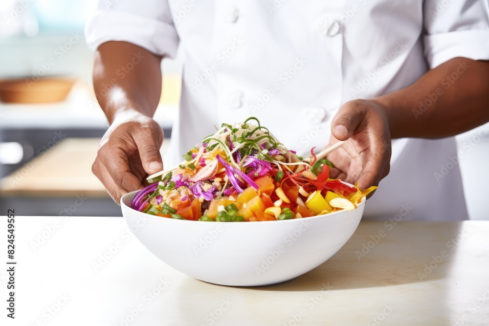 chef assembling a colorful poke bowl in Hawaii.