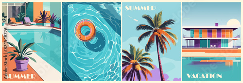 Set of summer posters in retro style with a pool, colorful buildings, palm trees. Summer time, vacation digital prints, cover template. Vector illustration.	