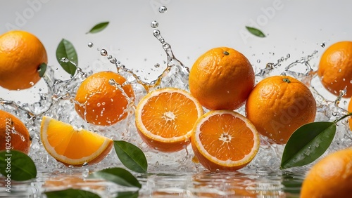 Fresh oranges in water splash isolated on a white background with space.