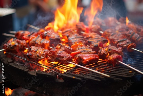 Turkish kebabs grilling on open flames in a vibrant market.