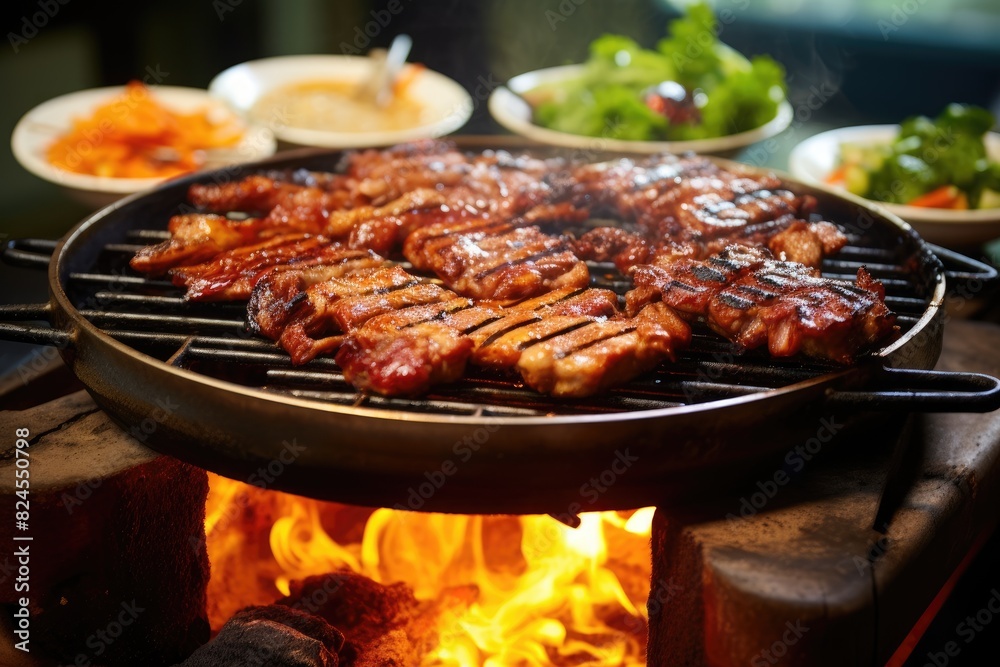 Korean barbecue sizzling on a tabletop grill.
