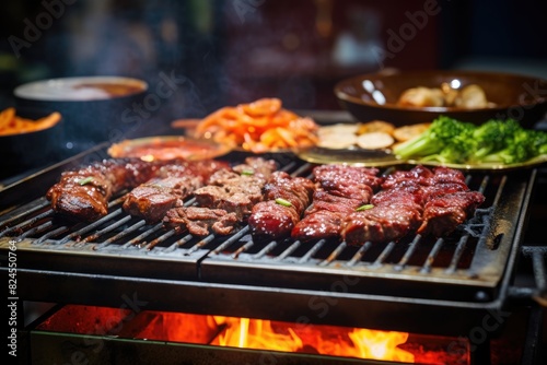 Korean barbecue sizzling on a tabletop grill.