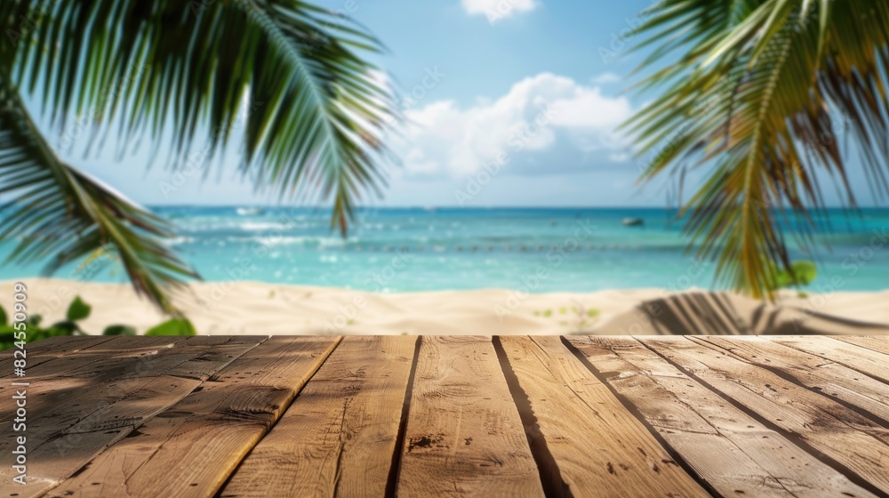 Beach Product Mockup Concept Wooden table with beach background.