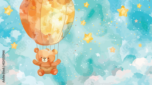 Watercolor illustration Teddy bear in Hot Air Balloon photo