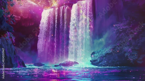 Spectacular colorful waterfall surrounded by lush greenery, a mesmerizing natural wonder.
 Seamless looping 4k time-lapse virtual video animation background. Generated AI