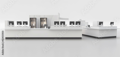 Minimalist and modern 3D rendered checkout counter in multiple views. High-definition mockup.