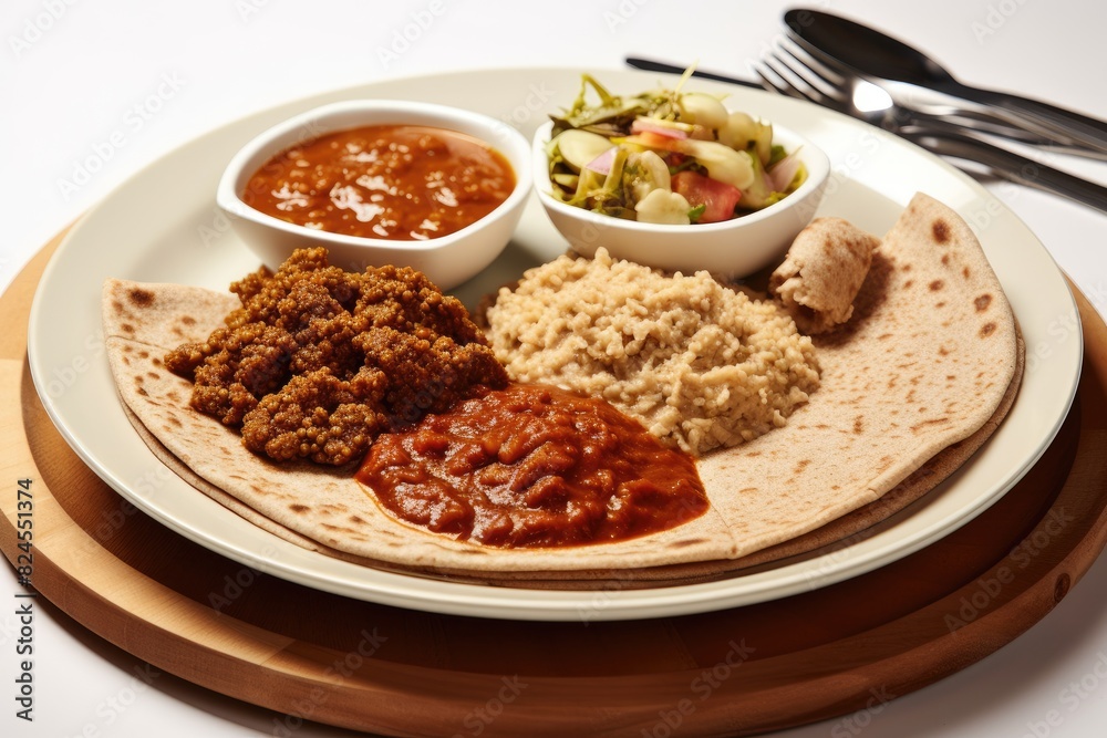 A plate of Ethiopian injera served with various stews. White background. A plate of Ethiopian injera served with various stews. White background.