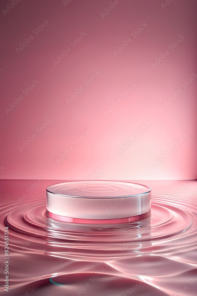 Glass Podium in the water for Advertising Products, pink colors background, light waves around. 3D rendering with copy space Glass Podium in the water for Advertising Products, pink colors background, light waves around. 3D rendering with copy space