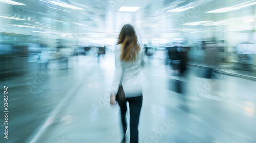 Abstract background of a woman working in a blurred office environment, conveying the fast-paced nature of modern business.