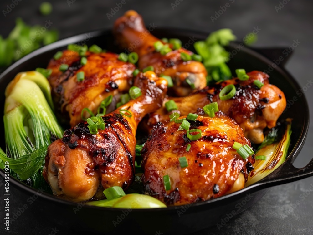 Delicious glazed chicken drumsticks garnished with green onions, served in a black skillet with fresh bok choy.