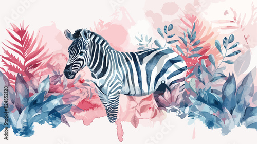 Watercolor Illustration zebra and tropical leaves Vector