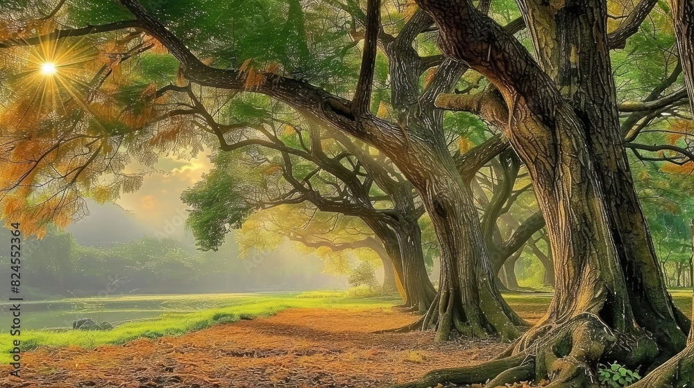 Serene forest scene with large trees, lush greenery, and warm sunlight breaking through the foliage on a peaceful day.