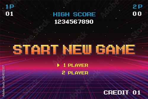 START NEW GAME play .pixel art .8 bit game. retro game. for game assets in vector illustrations.